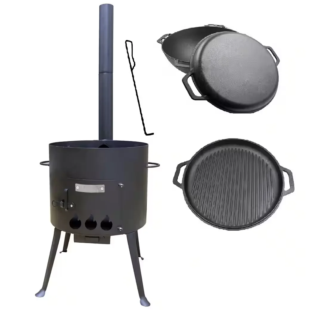Utschak - Holzkohlegrill Set mit Kasan 15L, Schornstein, Schüreisen