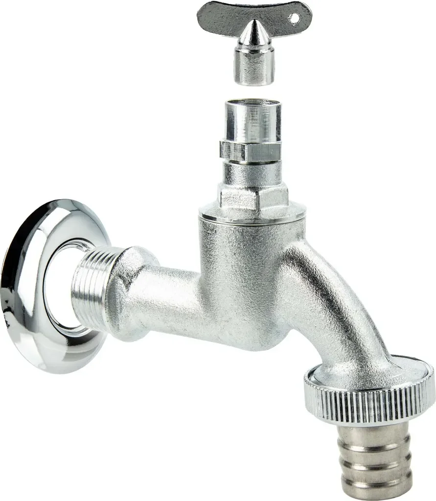tecuro Auslaufventil 3/4 Zoll, Steckschlüssel-Oberteil, Schlauchtülle, Wandrosette, Dichtband, MS mattverchromt