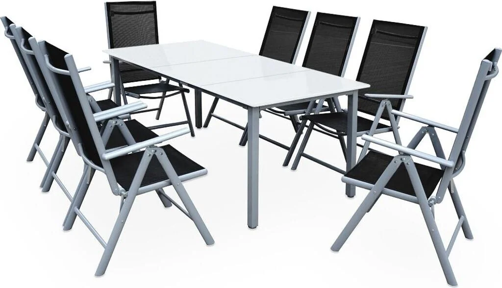 Gartensitzgruppe Bern 9-teilig Aluminium silber Milchglas 8 Personen